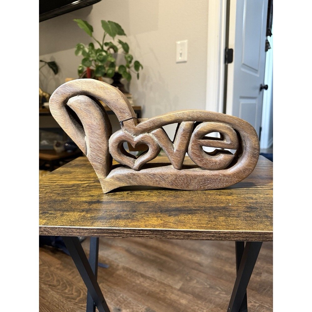 Hand Carved Wooden LOVE Heart Sculpture Rustic Boho Home Decor 12”